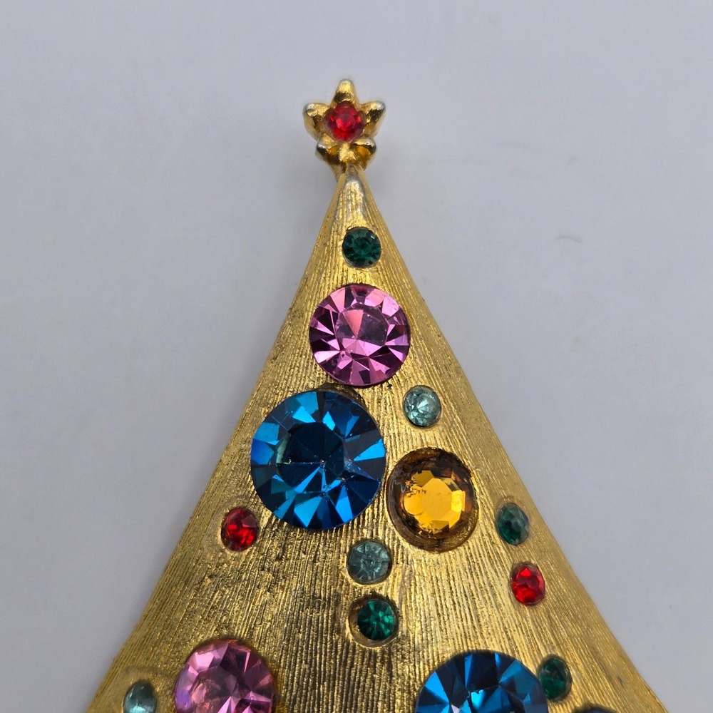 WEISS Vintage Christmas Tree Brooch Rhinestone Gold Tone Holiday Pin As Is - Picture 6 of 12